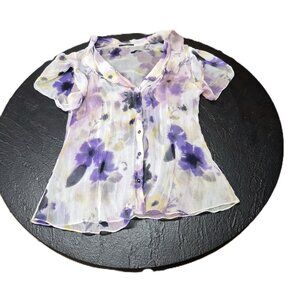 VTG Elie Tahari Silk Blouse Sheer Iris Floral Volant Front M Ethereal Y2K Romant